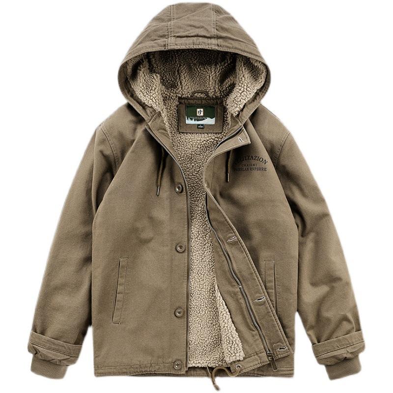 Men's Casual Lamb Wool Cotton-padded Jacket, Piled and Thickened Middle-aged and Young People Hooded Cotton-padded Clothing, Retro Tooling