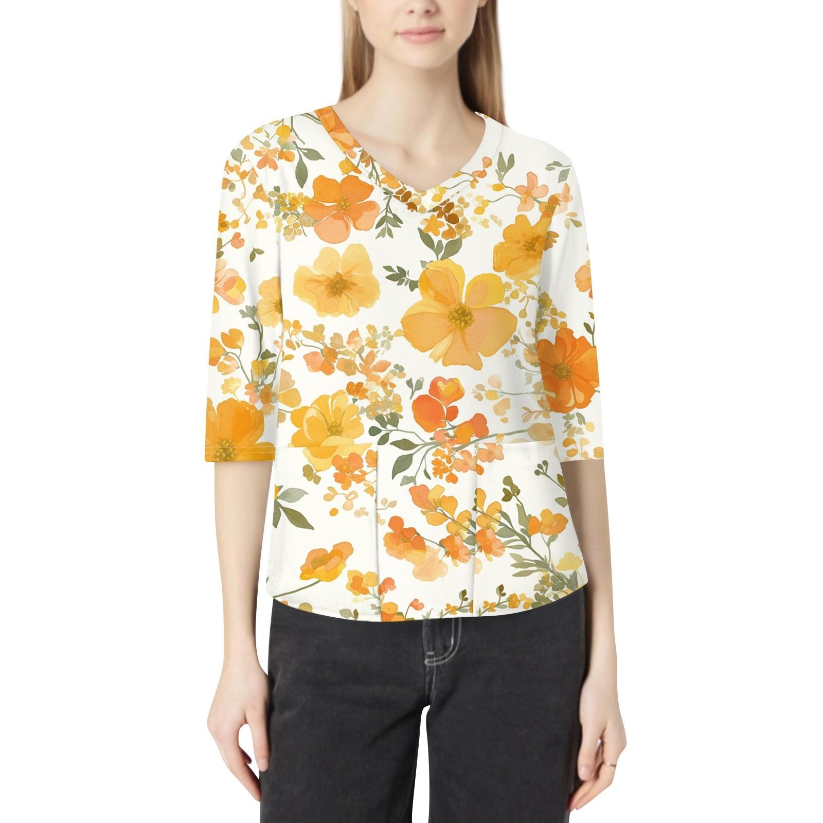 

Модний жіночий робочий одяг з V-подібним вирізом і рукавами 3/4, вільні топи з кишеньковими принтами XL помаранчевий