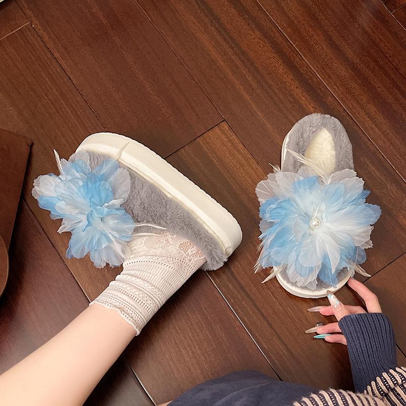 Korean Version of Mesh Wool Slippers Women's 2025 Summer and Autumn New Flower Outer Slippers One-word Flat Cotton Slippers