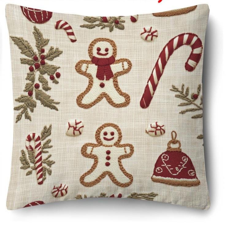 

Пряничный человечек с Рождеством: Теплая наволочка, расписанная колокольчиками и конфетами, Новогоднее домашнее украшение 2D плоская печать 16x16Inch
