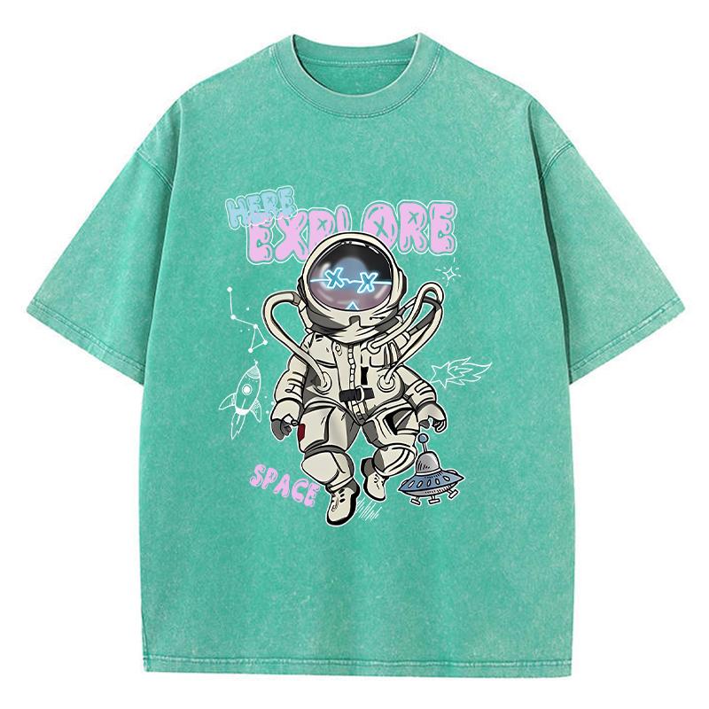 Street Women Cotton Washed T-Shirt Here Explore Space Astronaut Prints Print Tee Shirt Loose Tops Casual Female Clothes