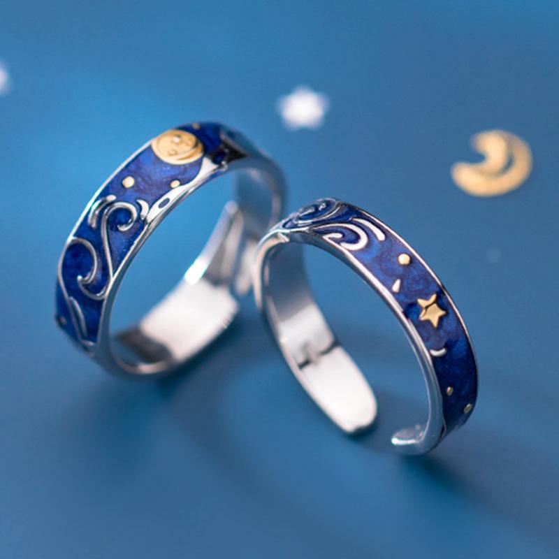 2 Pezzi Anelli Creativi Coppia Cielo Stellato di Van Gogh Anello Aperto Luna Stella Notturna per Donne Uomini Amanti Matrimonio Anello Dito Anello Argento Gioiello