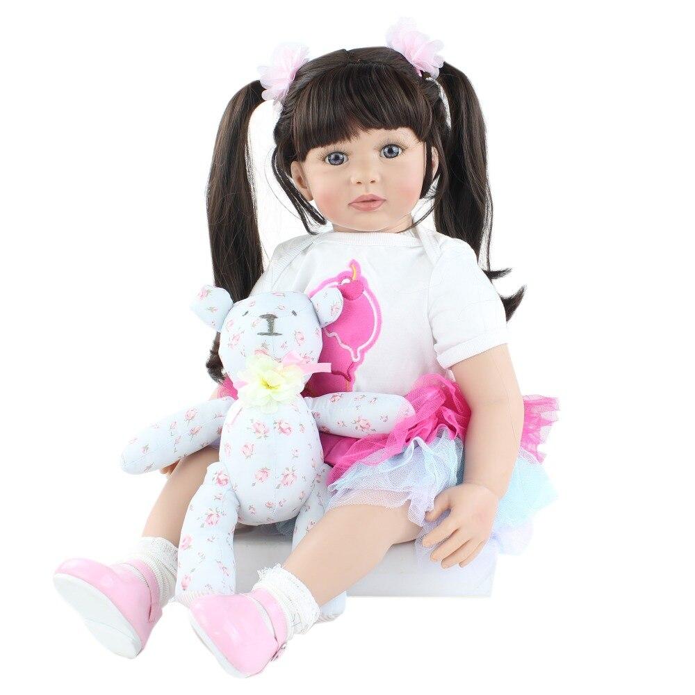 BZDOLL 60cm Silicone Reborn Baby Doll Toy For Girl 24 Inch Long Hair Princess Toddler With Bear Dress Up Play House Bebe Birthday Gift
