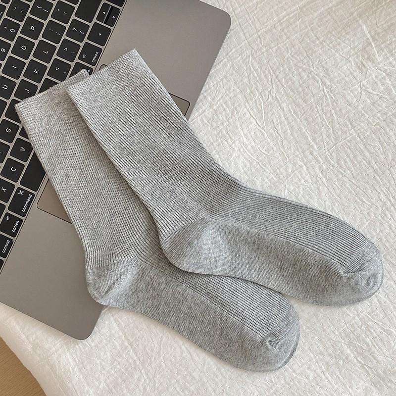 Chaussettes Coton Pur Gris Chaussettes à Empiler Saison Double Aiguille Sans Couture Couleur Unie Absorbant la Transpiration et Désodorant Coton Chaussettes Mi-Haut