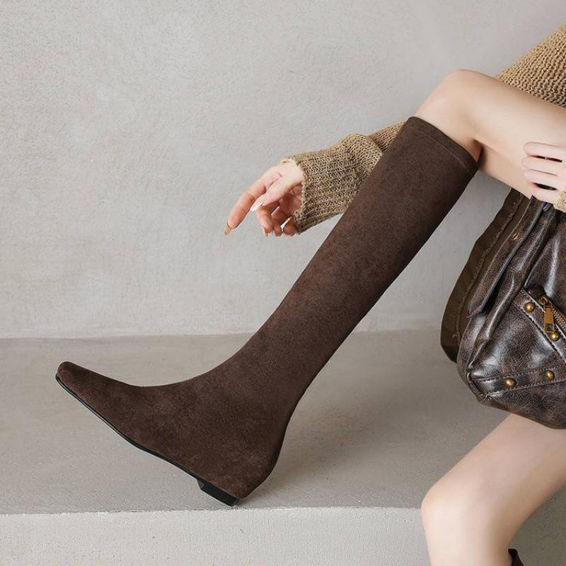 

Нові замшеві ботфорти-стрейч, однотонні, на високому підборі, з круглим носком, універсальні високі чоботи, осінньо-зимові, зручні жіночі шкіряні чоботи 37