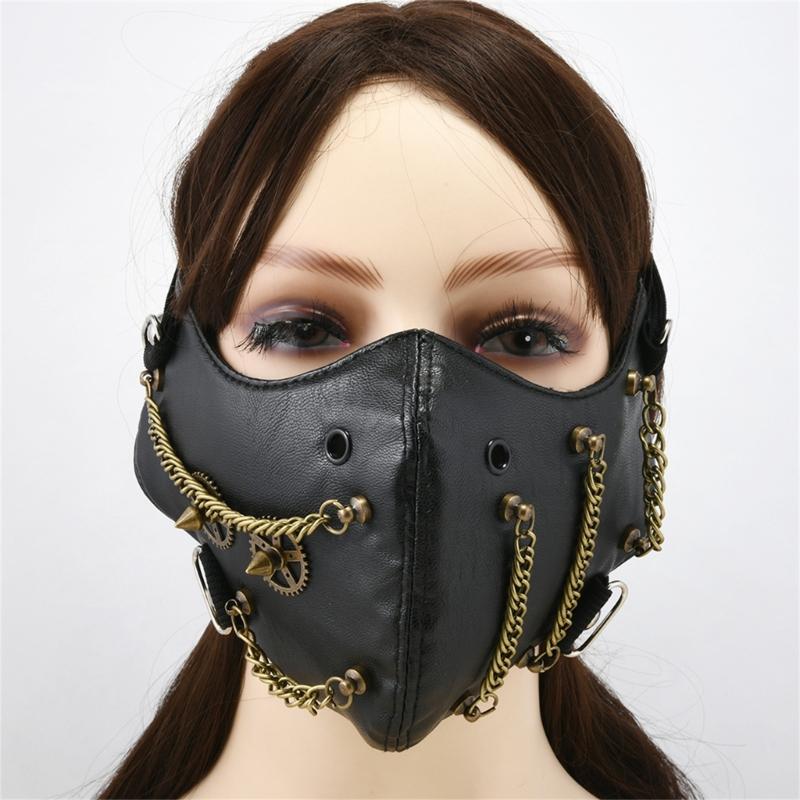 Rivet Chain Embellished PU Leather Face Mask Punk Gothic Cosplay Props For Theater Parties Halloween Costume Event
