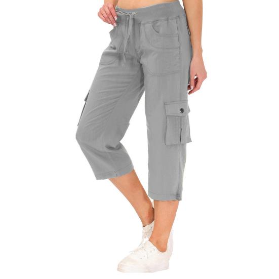 Women Cropped Pants Elastic Waist Adjustable Drawstring Hiking Cargo Pants with Multi