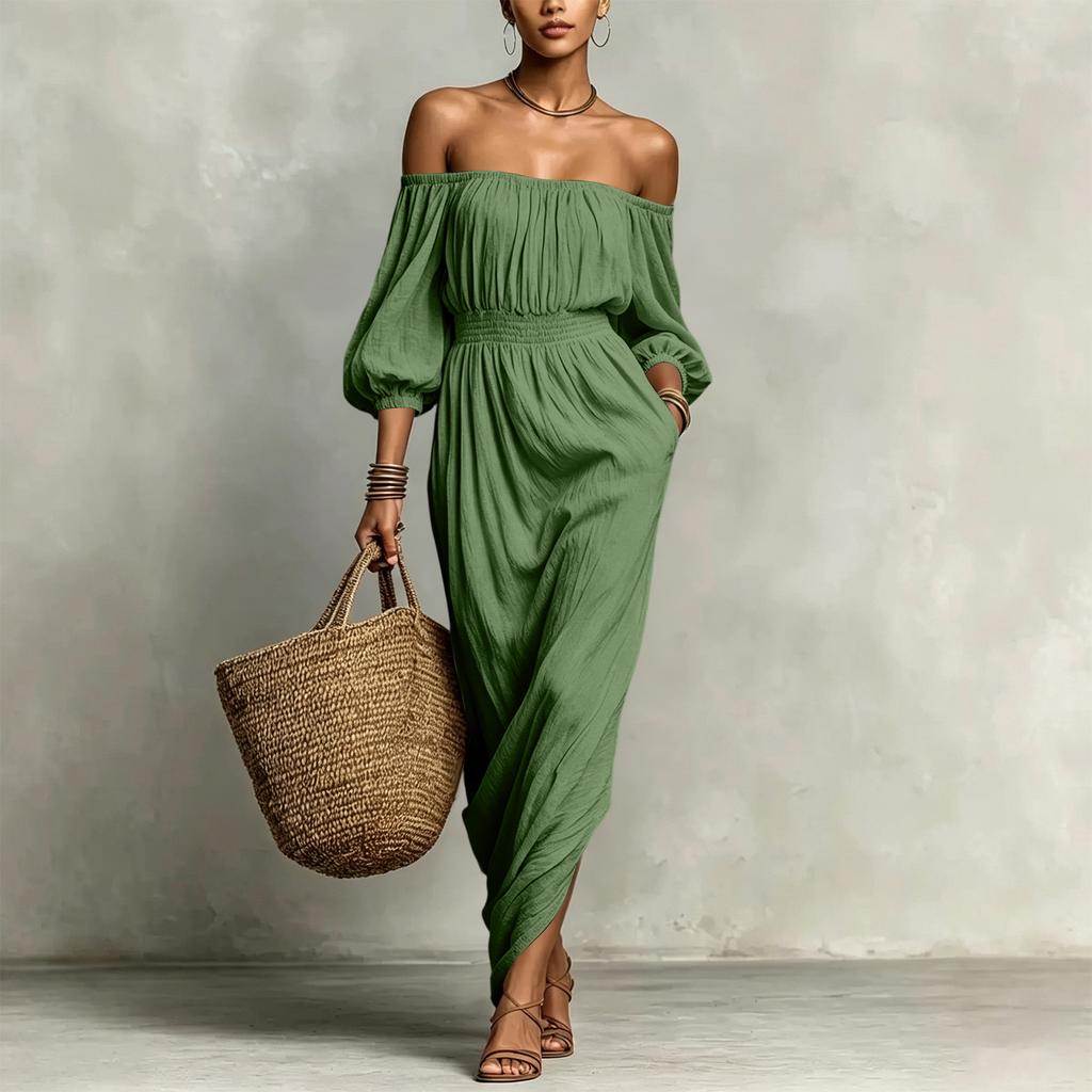 Vestido Casual de Color para Mujer con Hombros Descubiertos para Vacaciones