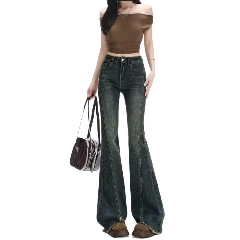 

Plus Size Retro Blue Frayed Micro-Flare Jeans for Women - Slimming, Hip-Covering, Straight Leg Large