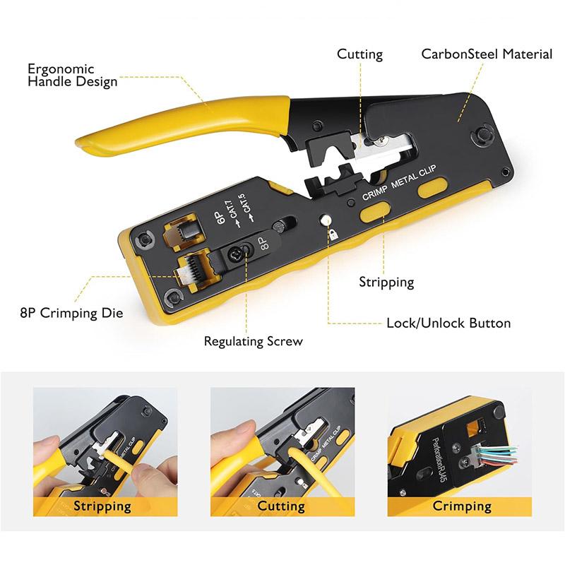 Straight RJ45 Crimping Tool Kit, Integrated Ethernet Crimper Cat6 Cat5 Crimping Tool Ratchet Modular Data Cable Crimper