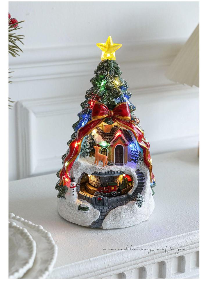Resin Christmas House Music Box with Rotating Train and Luminous Lights - Tabletop Ornament Decoration