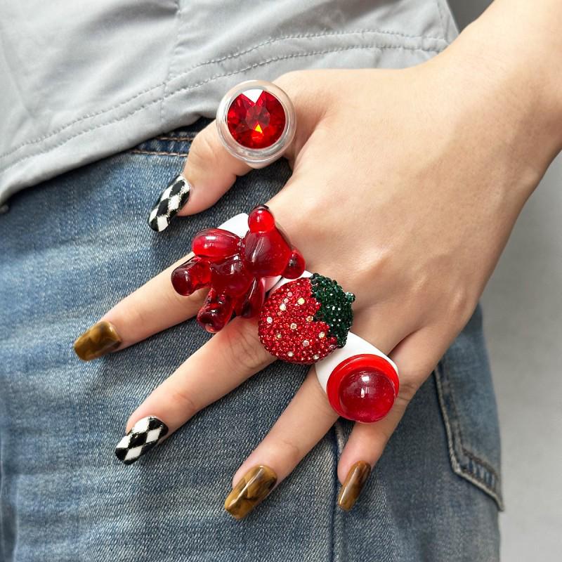 Heart & Bear Diamond Ring - Cute Strawberry Jewelry Christmas Gift