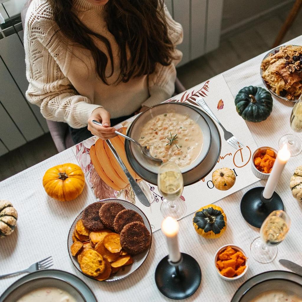 ONFAON Fall Decorations for Home,Fall Placemats Set of 4,Orange Hello Pumpkin Leaves Washable Table Dinner Mats for Autumn Farmhouse Home Kitchen