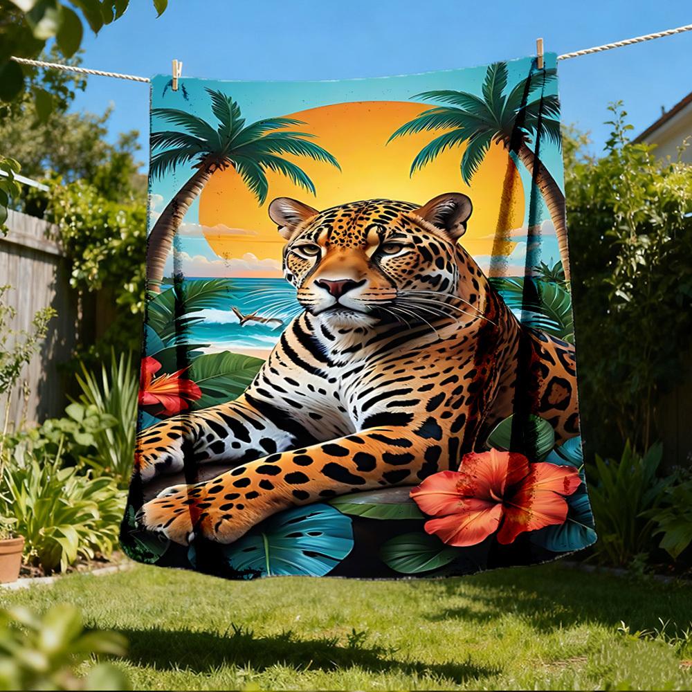 1pc Tropical Leopard Print Print Outdoor Blanket, Lightweight Polyester,