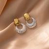 Gold And Silver Two-Color Plaid Flash Earrings French Retro Simple Light Luxury Temperament Earrings Versatile High-End Earrings Women