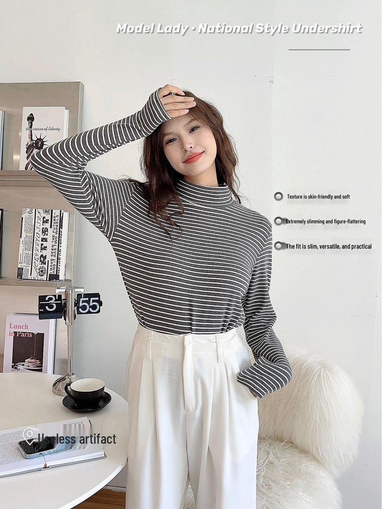Women's Striped Velvet Mid-Neck Pullover - Autumn/Winter Warm Slim-Fit Long Sleeve Shirt