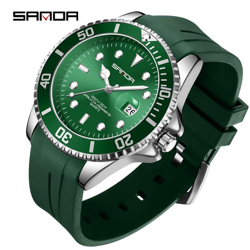 Sanda Men s Green Water Ghost Quartz Watch with Calendar - Fashionable High-End Silicone Strap зеленый цвет-серебро