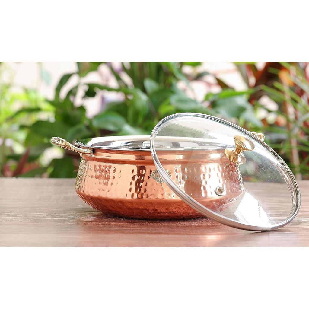 Hammered Steel Copper Casserole Donga Bowl with Glass Lid, Tableware and Serveware (2200 ml)