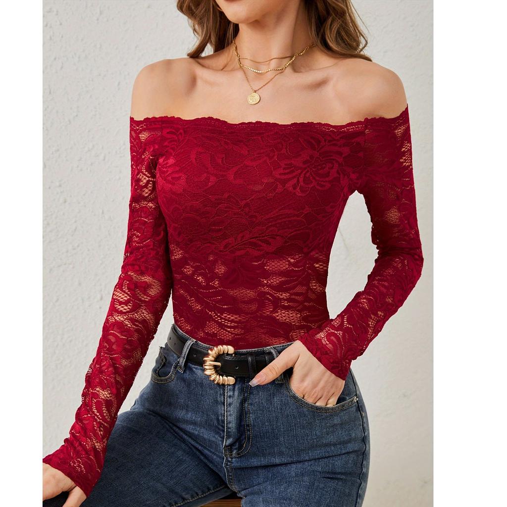 Women's Casual Fan-Shaped Collar With A Straight Neckline And Off Shoulder Lace T-Shirt, Long Sleeved Top