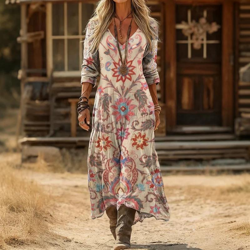 2026 Spring Retro V-neck Long-sleeved Plus Size Dress