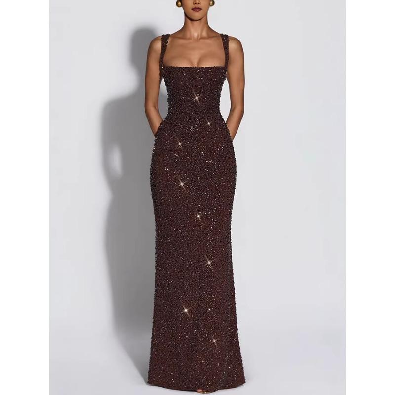 Women Sexy Sequin Slim Fit Spaghetti Strap Long Elegant Formal Party Dress