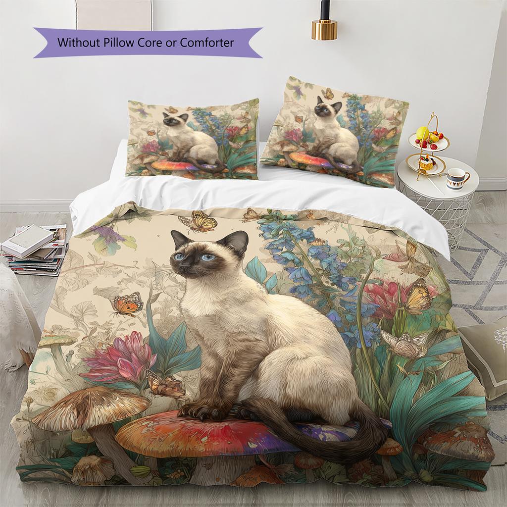 Siamese Cat and Plants Pattern Bedding Home Decoration Birthday Gift (1 * Duvet Cover + 2 * Pillowcase, Without Core)
