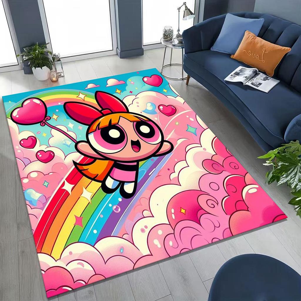 Cartoon P-Powerpuff Girl Cute Art Carpet Rug for Bedroom Living Room Sofa Home Doormat Decor,Large Kid Non-slip Floor Mat