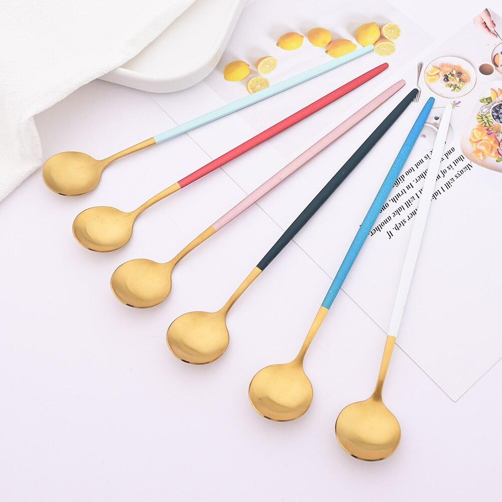 6pcs/set Long Handled Stainless Steel Coffee Spoon Ice Cream Dessert Tea Spoon Mixing Stirring Cooking Long Handle Spoon Tableware