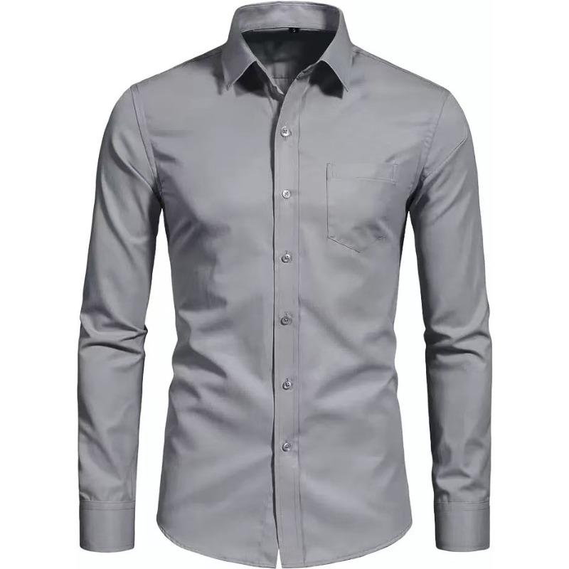 Men's Long Sleeve Shirt, 4-Way Stretch Solid Color Button-Up Shirt, Regular Fit Square Collar Minimalist Daily Top