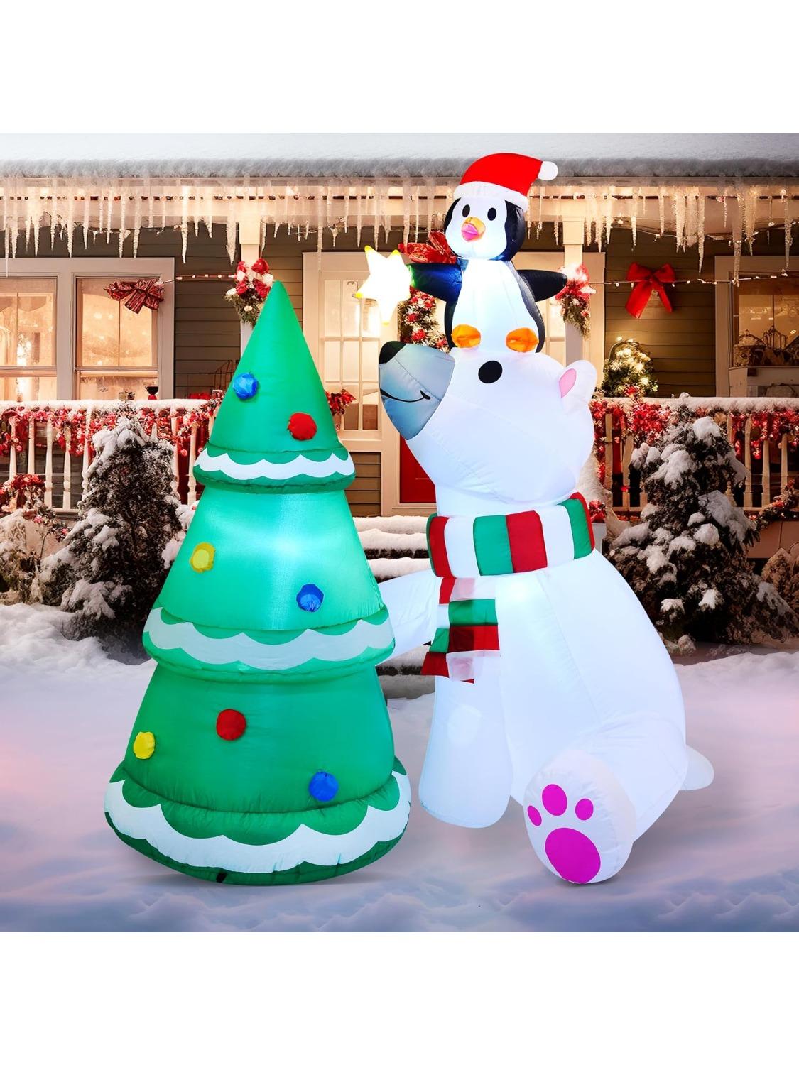 

JOYFY 6 футов Рождественский Надувной Декор Белый Медведь с Пингвином и Декором Елки для Рождественской Вечеринки, Двора, Зимнего Украшения