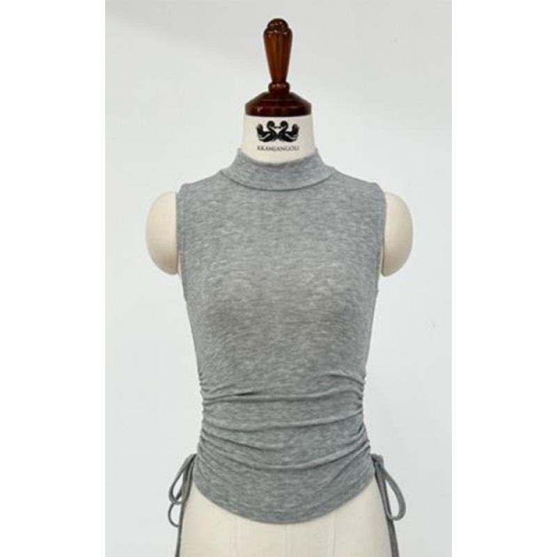 

Women s Sporty Style Sleeveless Tight T-Shirt with Ruffled Base Layer, Half-High Neck, Thin and Slightly See-Through One Size сірий колір