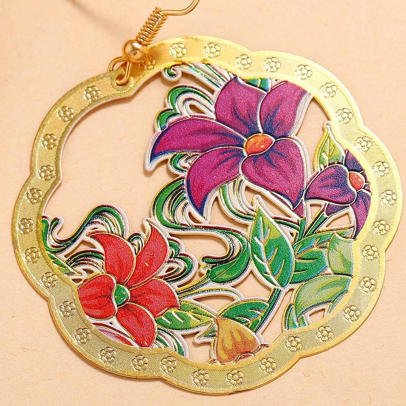 Retro Ethnic Geometric Flower Dangle Earrings with Colorful Enamel