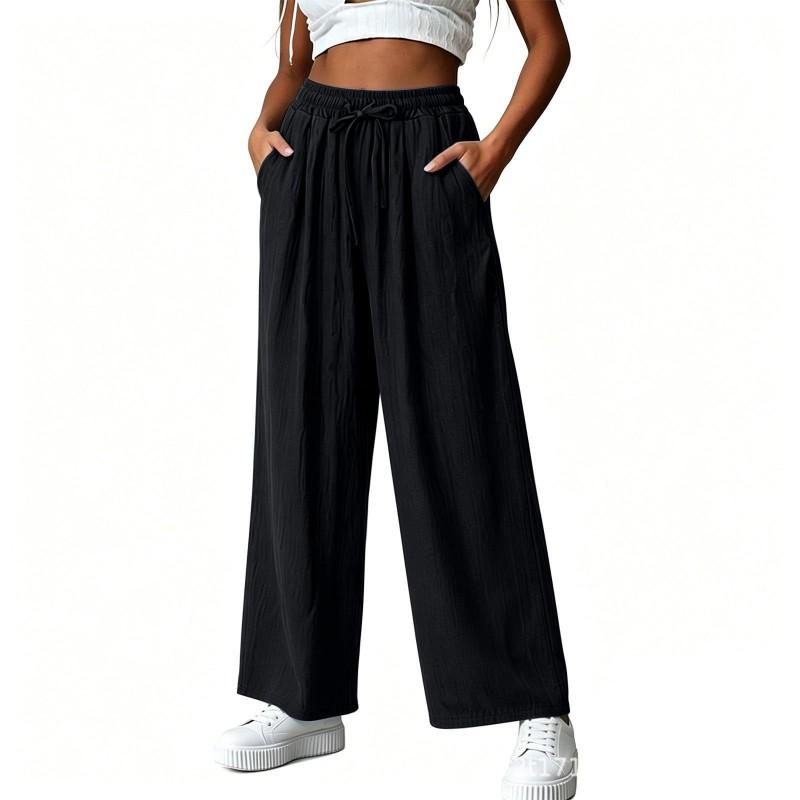 Womens High-Waisted Wide Leg Pants With Drawstring Waist Loose Fit Casual Trousers 2026