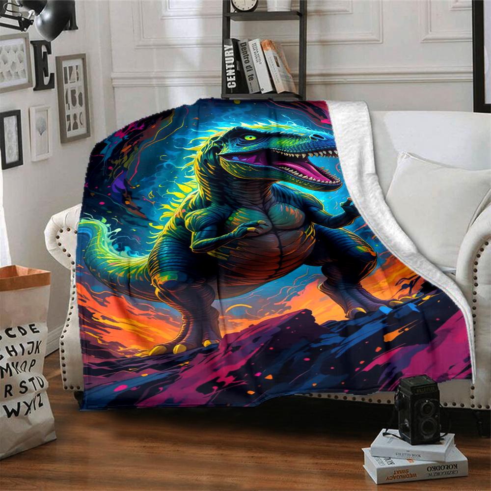 Neon Colorful T‑Rex Dinosaur Fantasy Art Print Flannel Blanket Soft Warm Throw Blanket for Sofa Bed Living Room