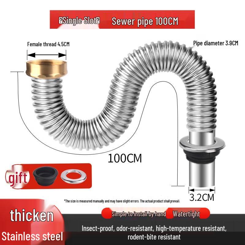 Stainless Steel Kitchen Sink Drain Pipe Set with Anti-Odor Features for Single or Double Sinks and Dishwasher Integration
