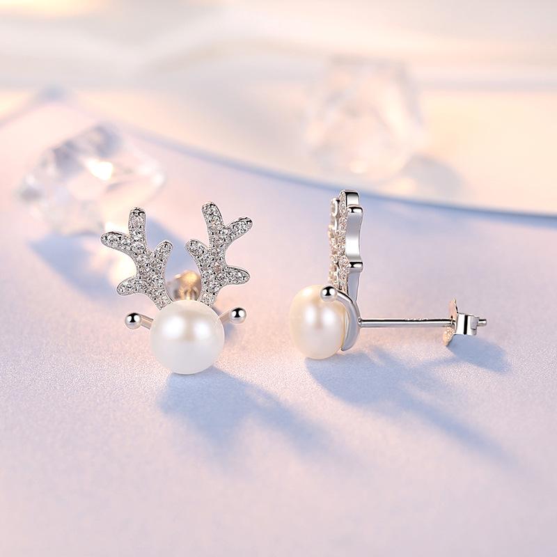 S925 Silber Elchgeweih Perlen Ohrstecker für Frauen - Minimalistischer Koreanischer Stil Weihnachtsschmuck