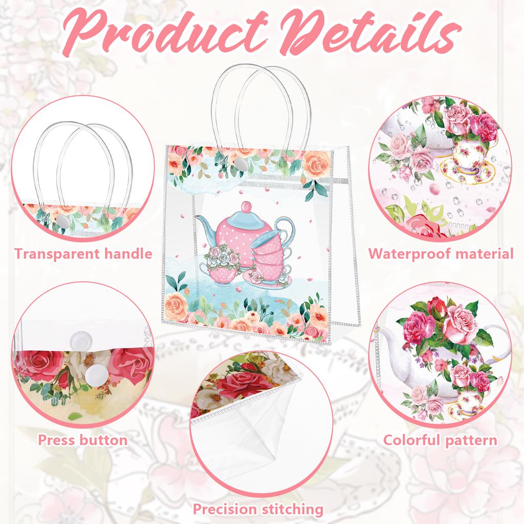 24 Pcs Tea Party Gift Bags Clear Pvc Gift Bags With Handles Floral Gift Bag Teapot Goodie Treat Bag Tea Party Favors Decorations