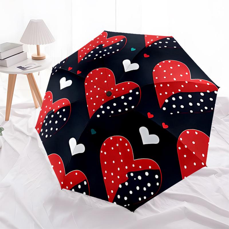 1pc Red Heart Pattern Automatic Folding Umbrella, Portable Collapsible Design, 8-Rib Iron Frame, Outdoor Accessory yy250905089