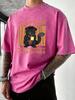 A Cat Wearing A Tie Likes Coffee Print Men Washed T Shirt ONeck Loose Short Sleeve Trendy Cotton Clothes Casual Soft TShirt