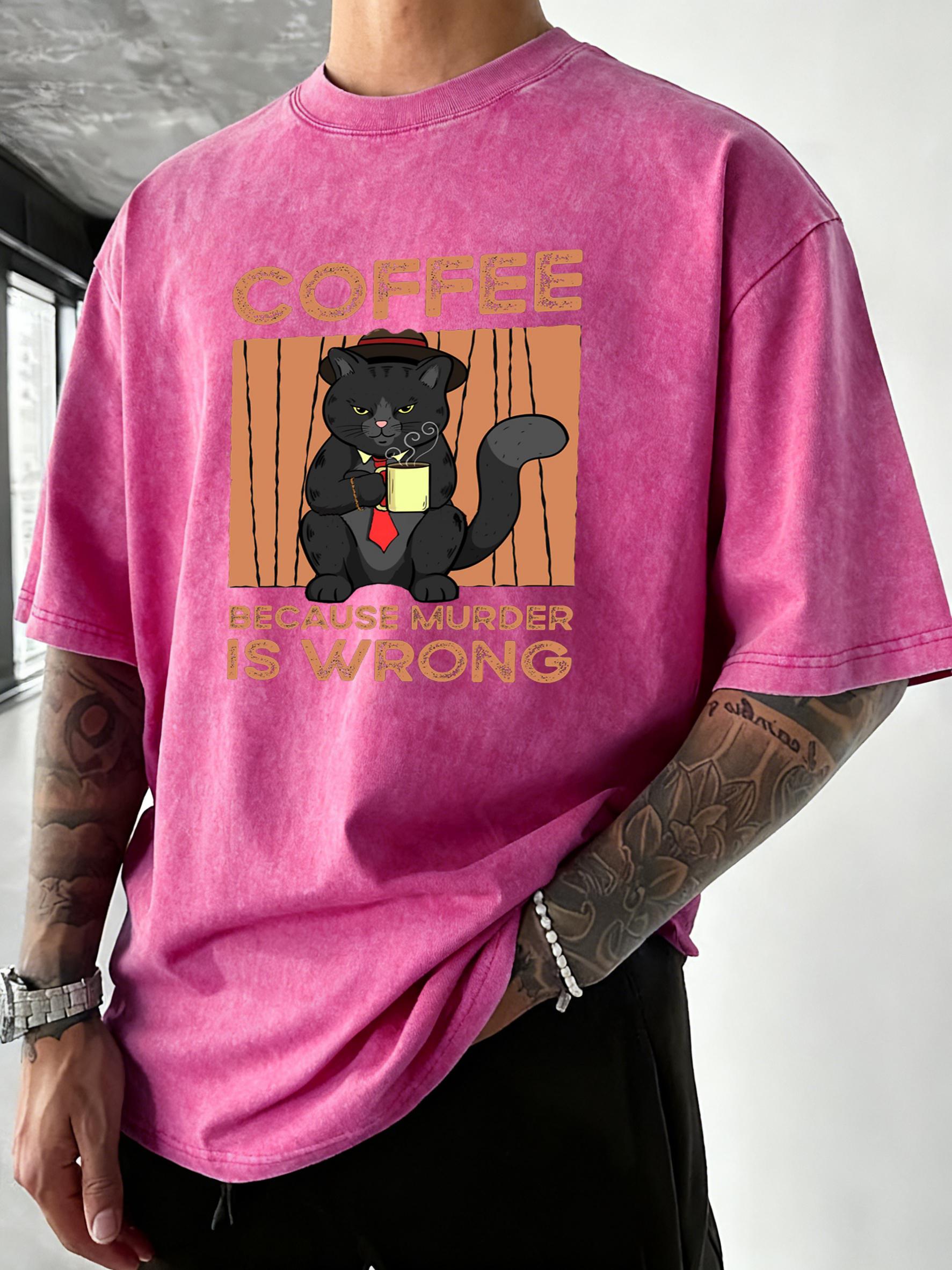 

A Cat Wearing A Tie Likes Coffee Print Men Washed T Shirt ONeck Loose Short Sleeve Trendy Cotton Clothes Casual Soft TShirt S