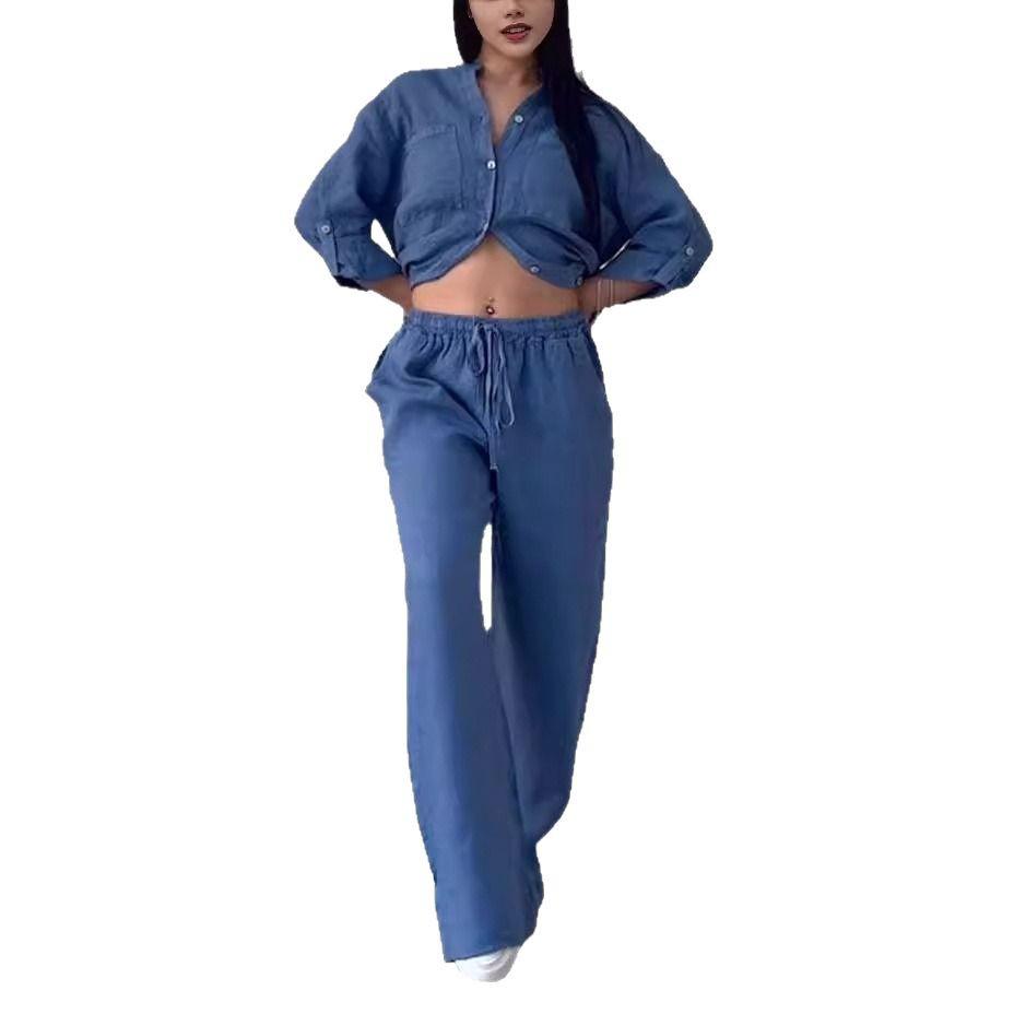 2025 European & American Casual Cotton Linen Shirt & Drawstring Wide-Leg Pants Set