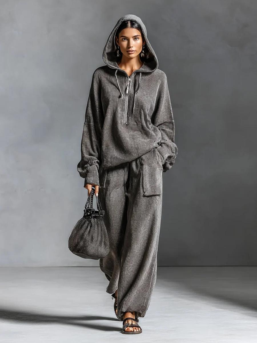 

Women s Hoodie Long Sleeve Sweatshirt Set with Elastic Pockets Pants Two Piece Outfit S серый