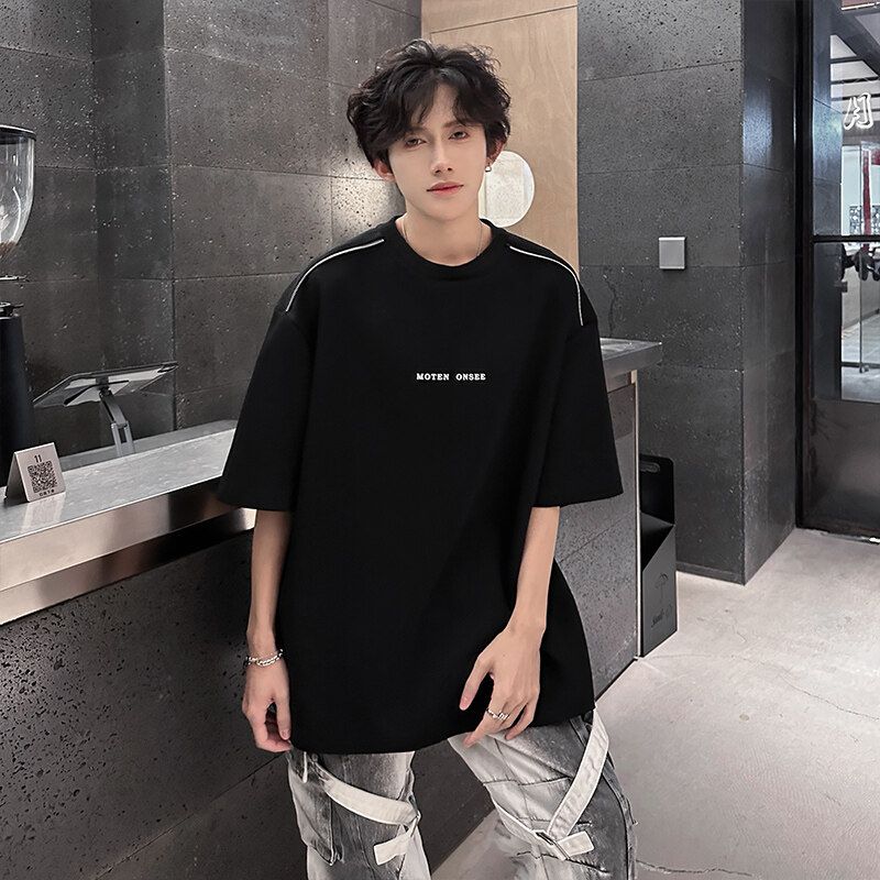Men's Black T-shirt Streetwear Style Short Sleeve Letter Print Casual Loose Fit Top
