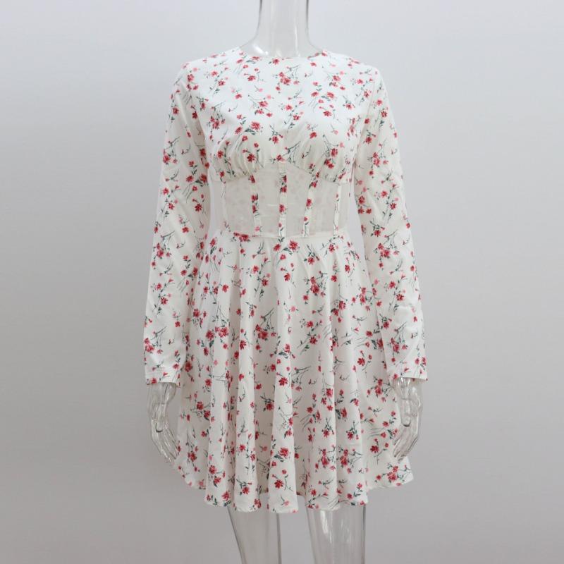 Women's Long Sleeved Summer Round Neck Floral Dress Sexy Mesh Hollow Out Short Skirt Hollow Out Patchwork Dress