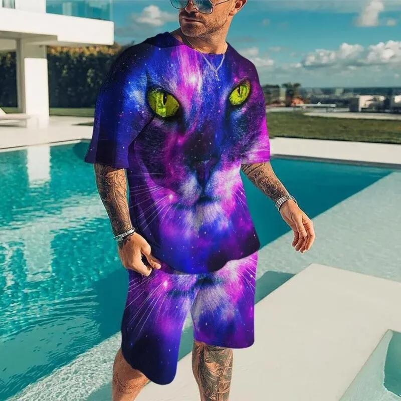 Men Cool Lion Tiger T-shirt Set 3D Animal  Print Casual Style T-shirt Shorts Set Summer New Fashion Street Clothing High-quality