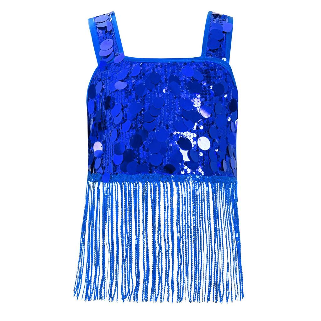 Dívčí taneční crop top se širokými ramínky a třásněmi z lesklých flitrů pro jazzové párty vystoupení