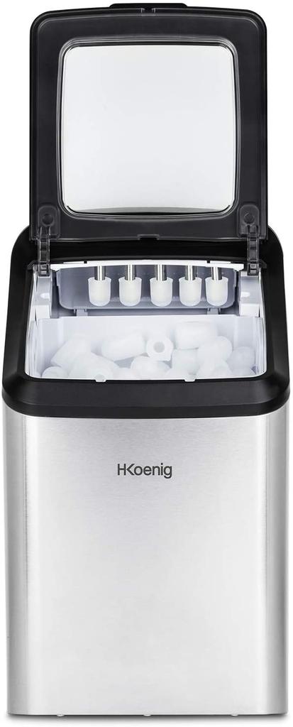 H.Koenig KBP40 Maquina de Hacer Hielo, 145 W, 2 Tamanos Cubitos, Bandeja de agua 2,8 L, Indicador Nivel de Agua, Ac Inoxidable. Ciclo Produccion 9 Min
