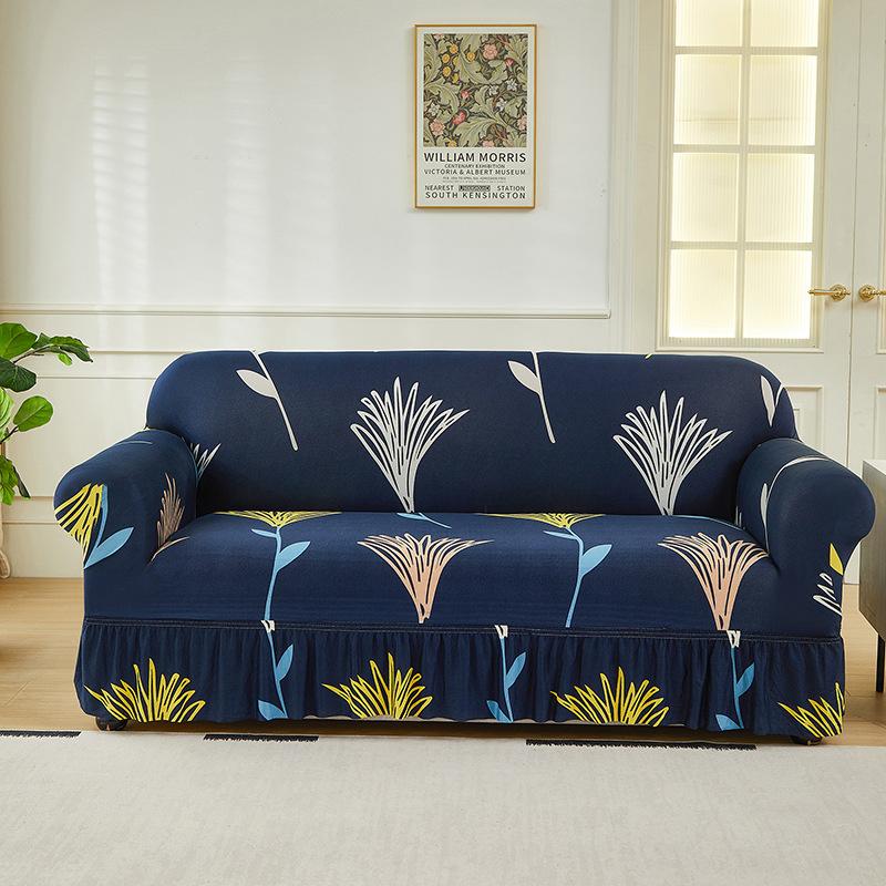 Floral Printed Elastic Sofa Cover With Skirt Hem Non-Slip Seat Cushion With Elastic Band All-Cover Couch Covers For All Seasons
