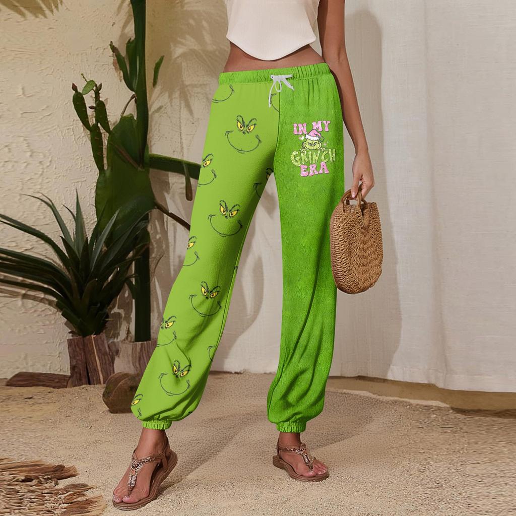 Women's Casual Fashion Christmas Print Sweatpants With Drawstring Waistband And Cuffed Legs