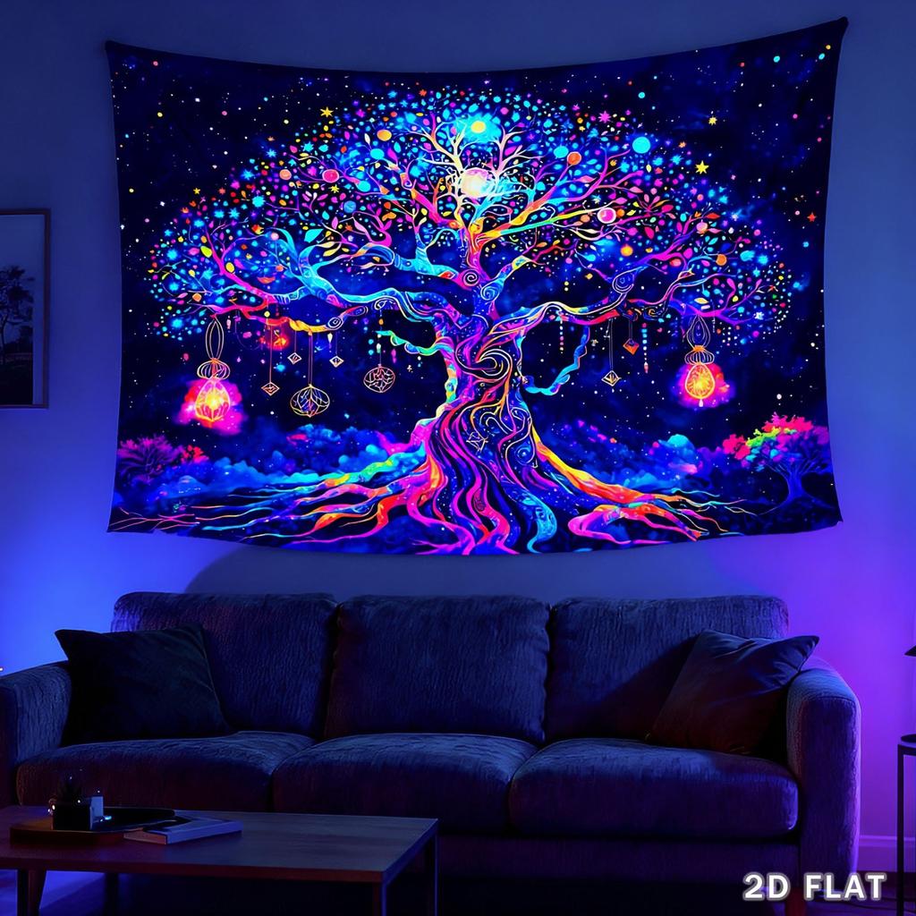 2D Flaches UV Neon Baum Hintergrund Banner - Leuchtende Ornamente & Sternenhimmel Anime Wandteppich, Polyester Foto Hintergrund für Schlafzimmer (Kostenlose Installation)